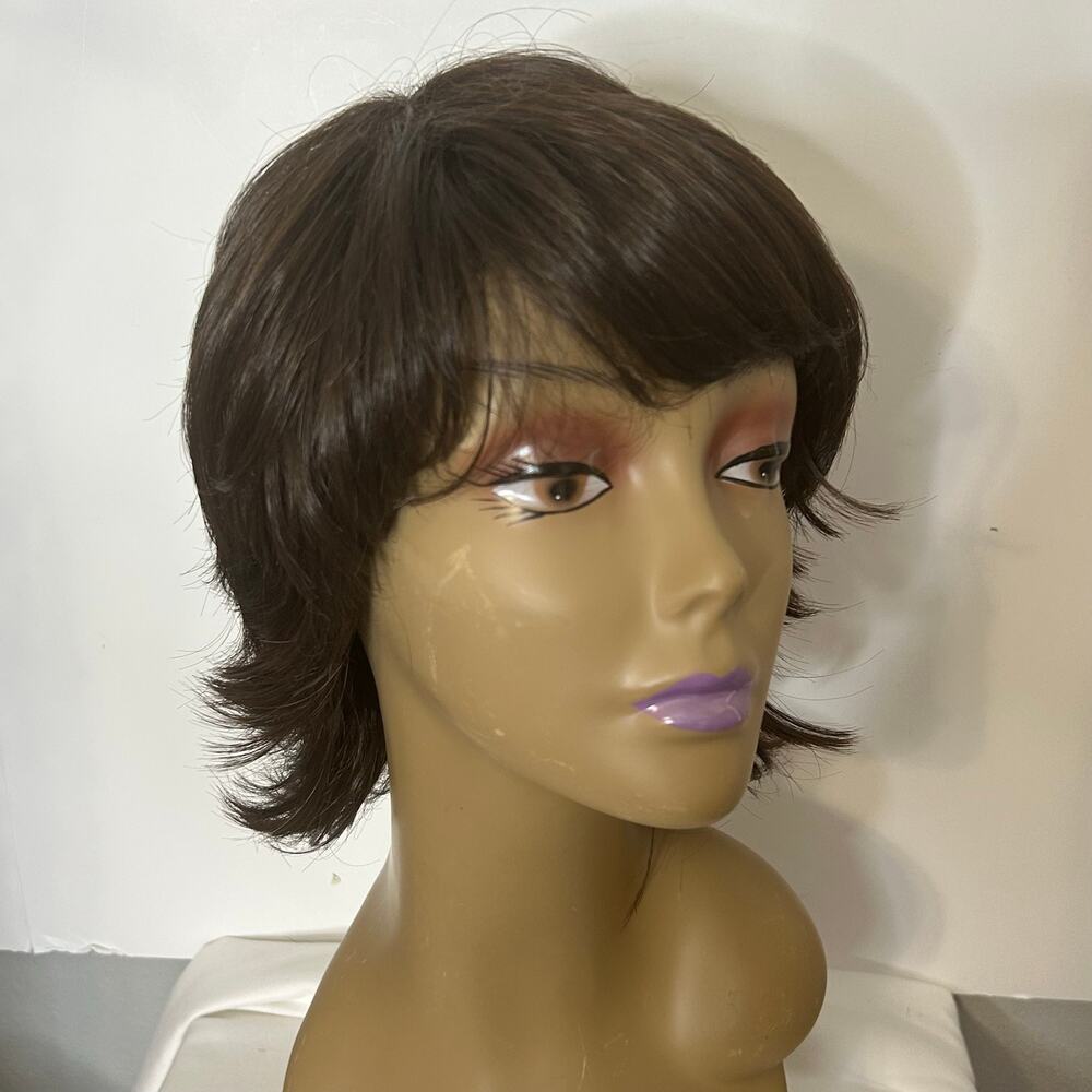 Dark Brown Short Layered Shag Wig Side Swept Bangs Feathered Flip Style male